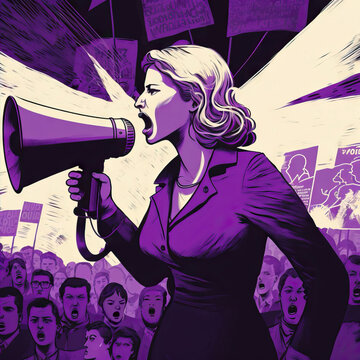 Woman with loudspeaker near crowd of protesters