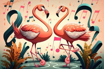  two flamingos are dancing in the water with musical notes in the background and music notes in the air behind them, and a pink background with blue and pink. Generative AI