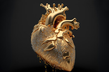 Anatomical heart made of gold and diamonds on a black background. Brutal Valentine. Photorealistic drawing generated by AI.