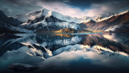 Fototapeta na wymiar a mountain range is reflected in the still water of a lake at night with a cloudy sky and clouds reflected in the still water of the mountain range. Generative AI
