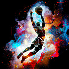 Basketball Player Silhouette at abstract cosmic background – Generative AI Abstract Illustration - 569571893