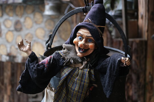 Scary mask on old house, gothic decoration