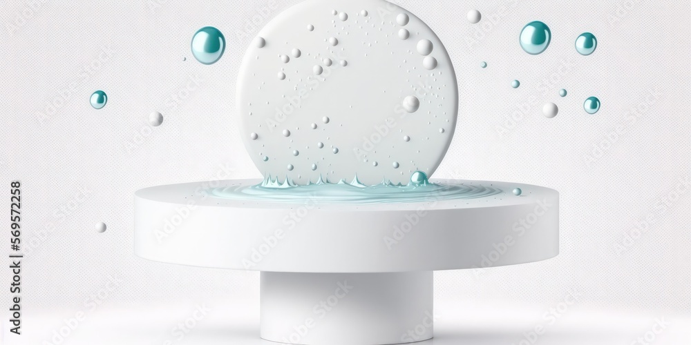 Poster a round podium with a white background and water splashes. mockup for a cosmetic or product presenta