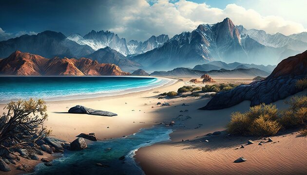  a painting of a beach with a mountain range in the background and a body of water in the foreground, and a rocky shoreline in the foreground. Generative AI