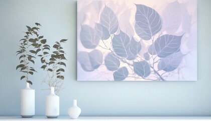  three vases and a painting on a wall with a plant in it and a vase with a plant in it on a shelf with a blue background. Generative AI