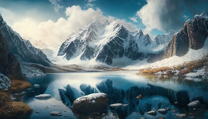  a painting of a mountain lake surrounded by rocks and snow covered mountains with clouds in the sky and a few rocks in the water below. Generative AI - obrazy, fototapety, plakaty