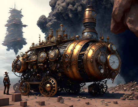 Steam engine in steampunk style. AI generated