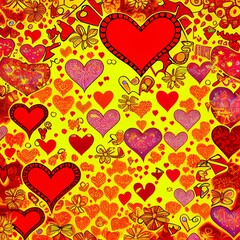 Obraz na płótnie Canvas Yellow background with small red and pink hearts, abstract background, Valentine's Day, love, romance, AI-generated