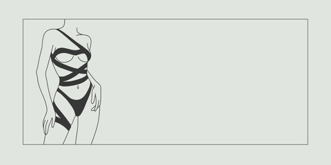 Girl naked body posing outline. Erotic body frame. Minimalist line art female figure on green background