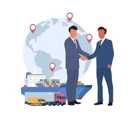 Logistic business concept. Businessmen shake hands against the backdrop of a globe and various modes of transport. Vector illustration.