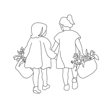 recommend clip art: Little girls silhouette outline isolated on white background. Two little girls line art holding hands and carrying flowers. Vector illustration
