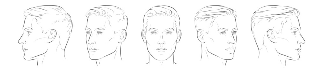 Set of man face portrait five different angle view turns of a male head. Close-up vector line sketch of boy. Front, profile, three-quarter. Vector realistic line illustration © mozart3737