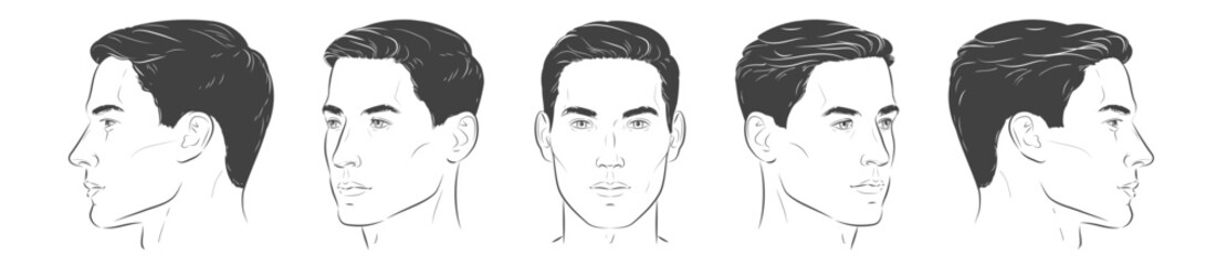 Set of man face portrait five different angle view turns of a male head. Close-up vector line sketch of boy. Front, profile, three-quarter. Vector realistic line illustration