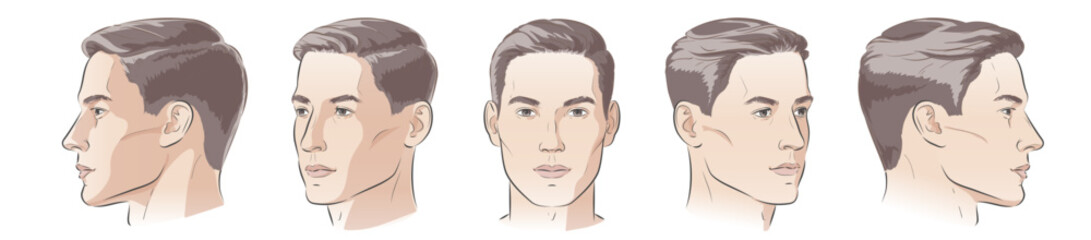 Set of man face portrait five different angle view turns of a male head. Close-up vector line sketch of boy. Front, profile, three-quarter. Vector realistic line illustration
