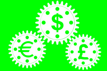 Vector concept, money makes the world go round. A gear mechanism with dollar, euro and pound sterling currency signs	