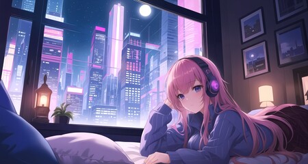 A beautiful anime Lo-fi girl chilling at night. Generative AI - obrazy, fototapety, plakaty