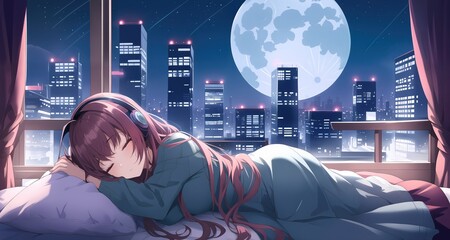 A beautiful anime Lo-fi girl chilling at night. Generative AI - obrazy, fototapety, plakaty