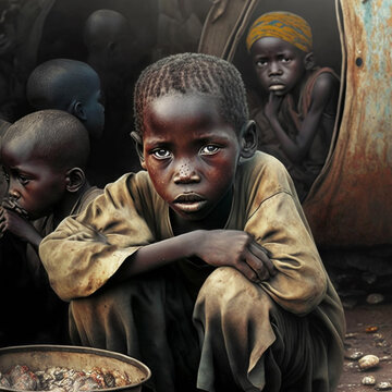 Child starvation and malnutrition in Africa Illustration, Poor African boy, Generative AI