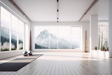 Clean and clam yoga studio with beautiful nature view. Interior design. Generative AI