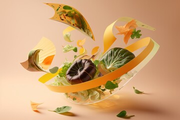  a bowl filled with lots of different types of vegetables and leaves flying around it on a pink background with leaves scattered all around the bowl. Generative AI