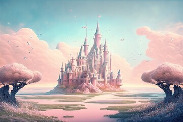 Dreamlike Castle in Pastel Colors - A Magical Medieval Kingdom Illustration 3. Generative AI. - obrazy, fototapety, plakaty