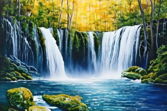 Beautiful waterfall, watercolor painting. AI generated.