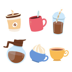 coffee set. Illustrations of various coffees and coffee mugs. cardboard cups, coffee with cream, mugs and coffee jug