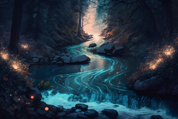 magical river at night created using AI Generative Technology