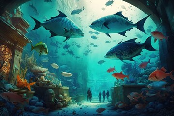  a painting of a underwater scene with fish and people looking at them through a tunnel in the water with a man standing on the side of the tunnel. Generative AI