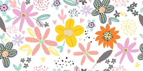 Seamless children's pattern with magical flowers. Creative children's urban texture for fabric, packaging, textiles, wallpaper, clothing. Seamless background with creative decorative flowers.
