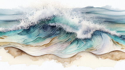 Summer background watercolor sea wave and sand Beach. Top bird eye view generative ai. - obrazy, fototapety, plakaty