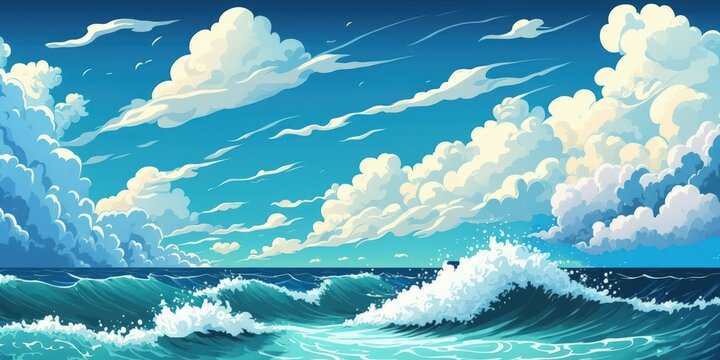 Blue sky, sea waves, and white clouds serve as the background. Generative AI