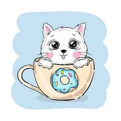 Cute cat in cup with blue donut. Funny kitty. Happy kitten sitting in blue mug. Cartoon sweet pet, hand drawn vector illustration isolated on white. Flat design
