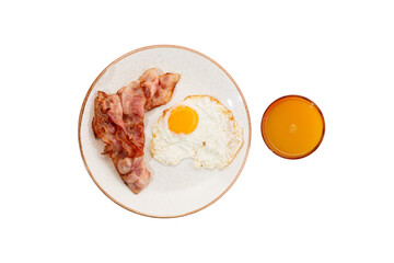 Toast with fried egg and bacon on a plate. Transparent Background.
