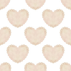 Beige lace doily in the shape of a heart seamless pattern. Watercolor illustration. Isolated on a white background. For design of wrapping paper, fabrics