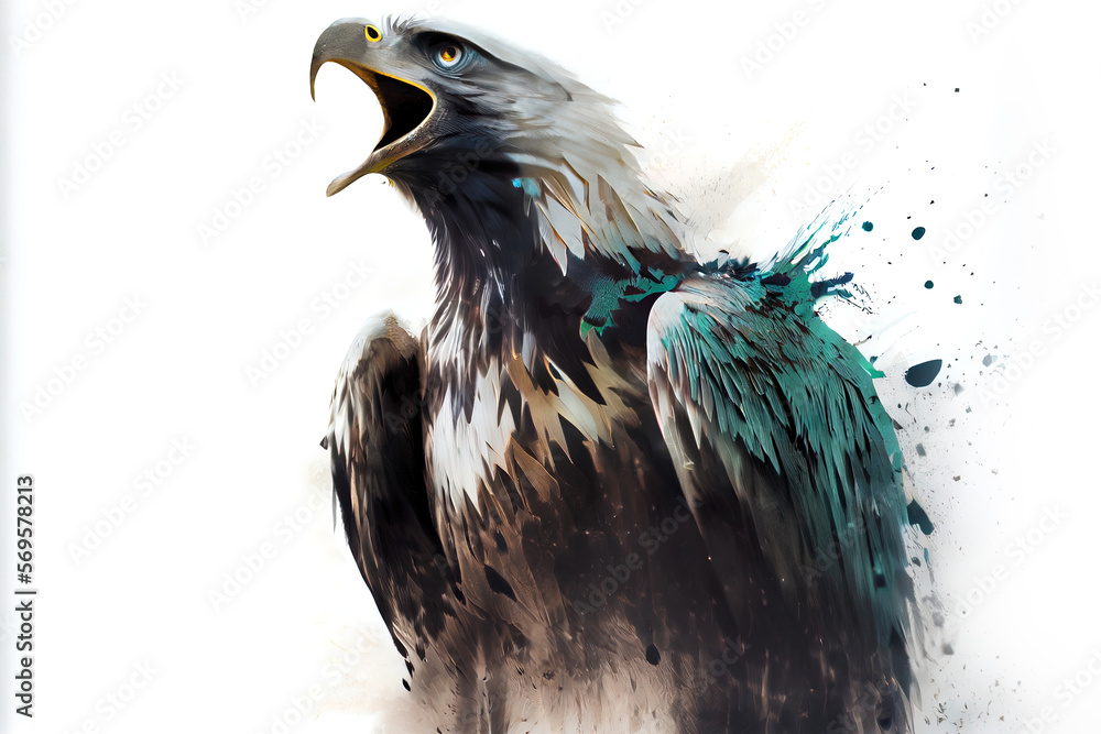Poster wild screaming eagle double exposure with inks and splatters on white background. digitally generate