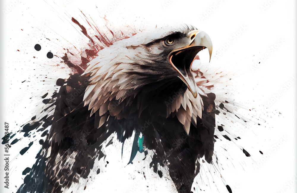Poster Wild screaming eagle double exposure with inks and splatters on white background.
Digitally generated AI image