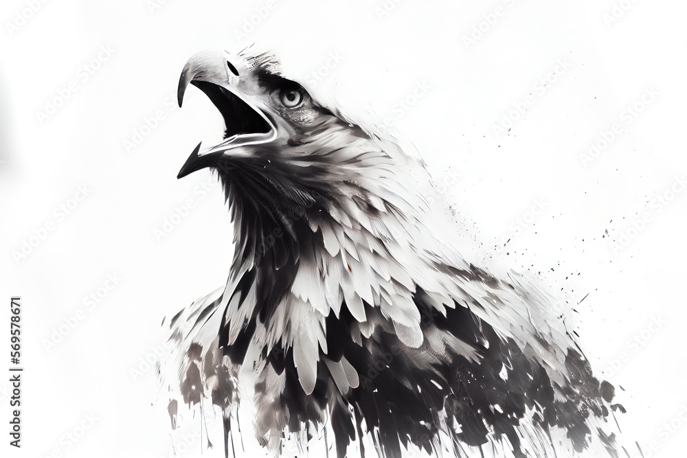 Aufkleber wild screaming eagle double exposure with inks and splatters on white background. digitally generate