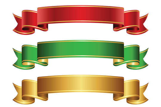 Red, golden and green ribbon banner set.