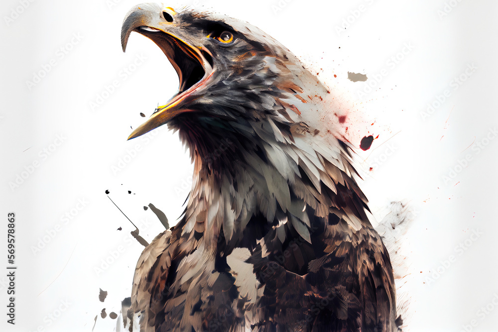 Poster wild screaming eagle double exposure with inks and splatters on white background. digitally generate