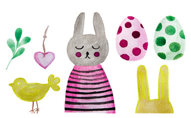 Set of hand drawing Easter eggs with animals. Watercolour spring art. Design elements. Easter cute bunny, bird, eggs, carrot, heart and leaves.Watercolor Illustration.