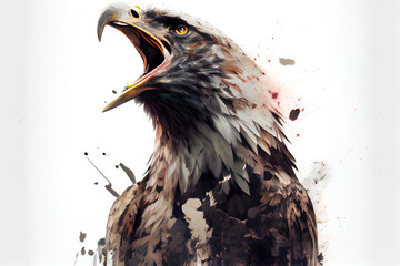 Wild screaming eagle double exposure with inks and splatters on white background.
Digitally generated AI image