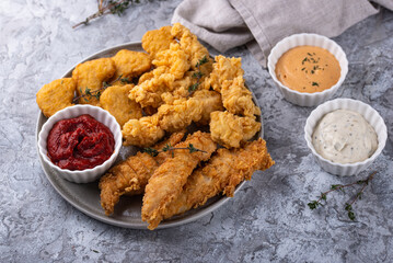 Chicken nuggets, strips and bites