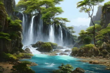 Waterfall in the forest. AI generated.