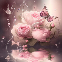 Beautiful pink shiny rose with butterfly