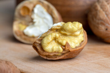 Open and broken walnut shells lying on the table