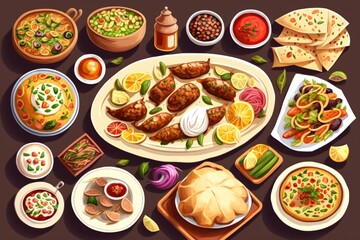 Arabic Cuisine;Middle Eastern traditional dishes and assorted meze. Vine leaves, kibbeh,chicken fatteh, spring rolls, sambusak, kibbeh nayyeh, makdous, haloumi, olives, eggplant fatteh and salads