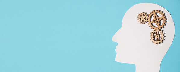 Paper silhouette of a human head with gears in place of the brain on a blue background. Flat lay,...