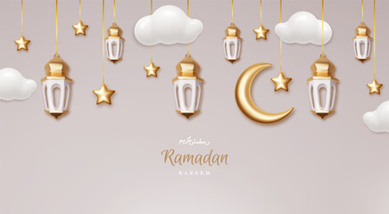 Ramadan Kareem holiday banner. 3d golden metal crescent with traditional islamic lantern, and cloud. Islamic background for Muslim holy month