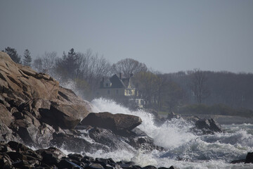 Ocean waves crashing on a rocky shore